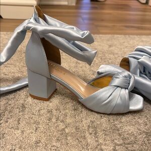 Blue satin wrap block heels